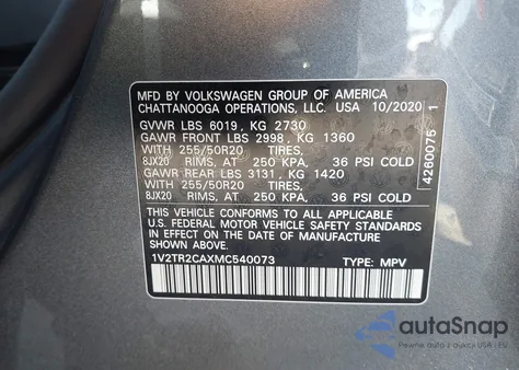 2021 Volkswagen Atlas 3.6L V6 Sel Premium z USA, uszkodzony, nr VIN 1V2TR2CAXMC540073